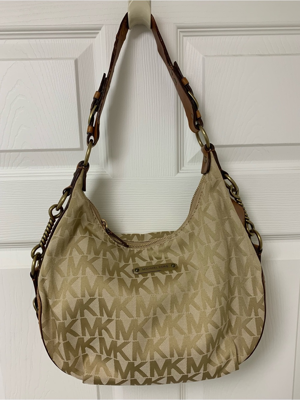 Vintage Michael Kors Tan & Beige Signature Canvas leather Hobo Bag